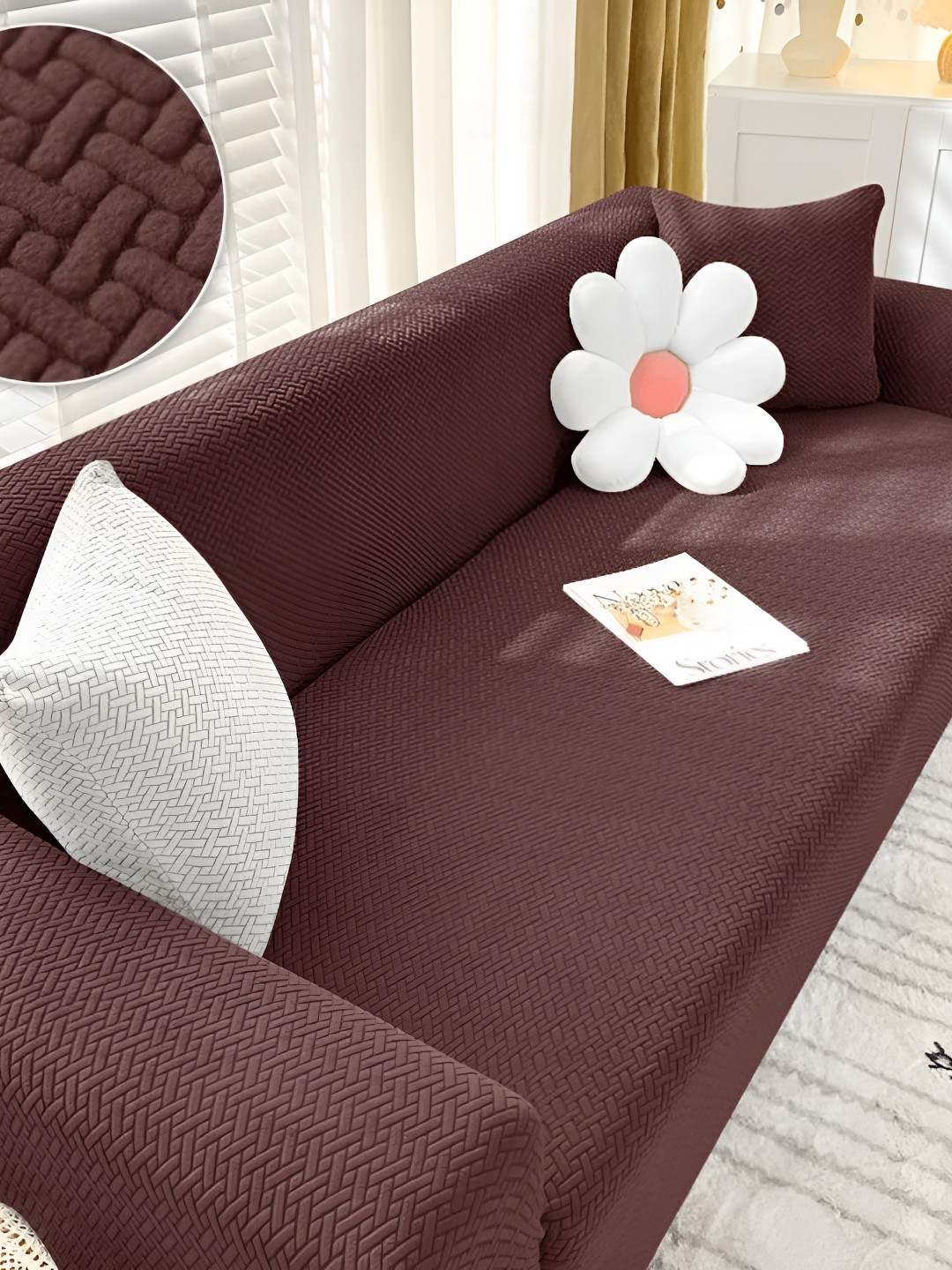 

B BESTILO Brown 3 Pieces Printed 5-Seater Sofa Cover With Arms