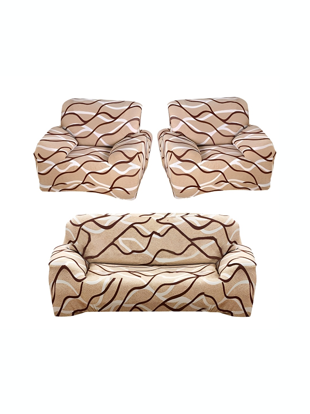 

B BESTILO Beige & White 3 Pieces Printed 5 -Seater Sofa Covers