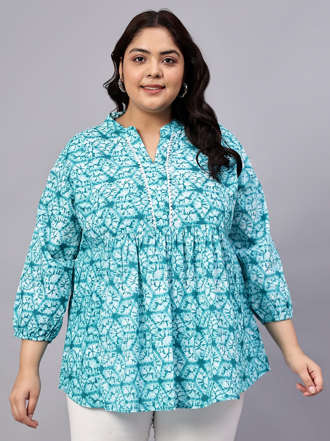 

Indietoga Plus Size Abstract Printed Mandarin Collar Cotton Longline Tunic, Sea green