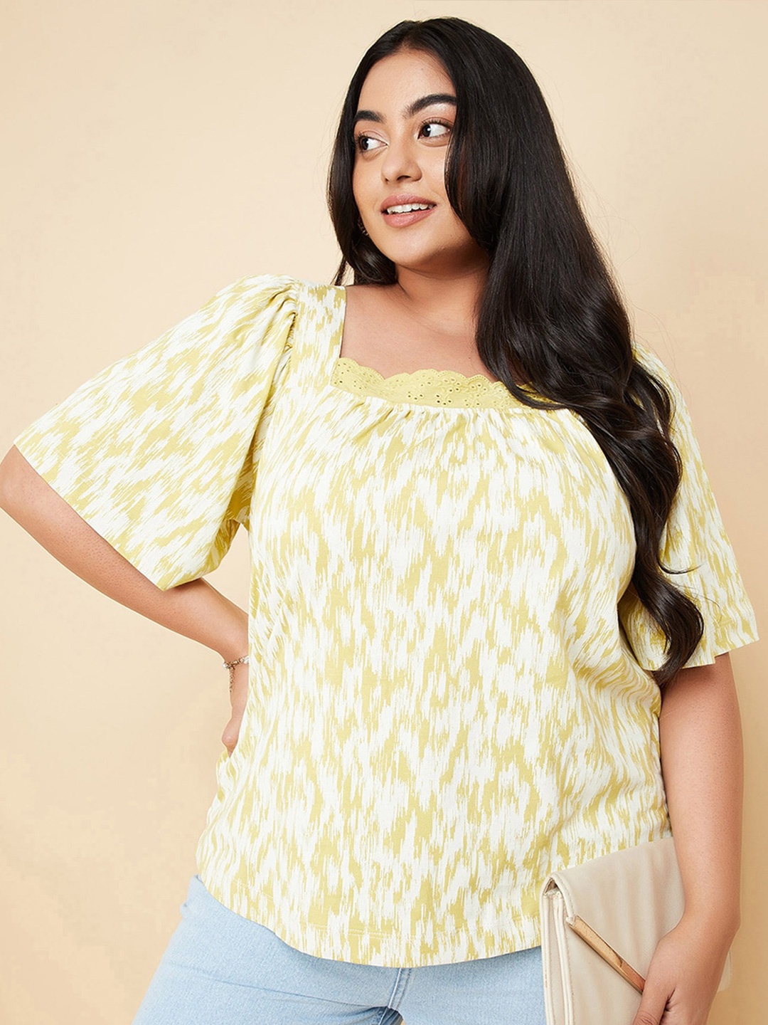 

max Women Printed Flared Sleeve Cotton Top, Yellow
