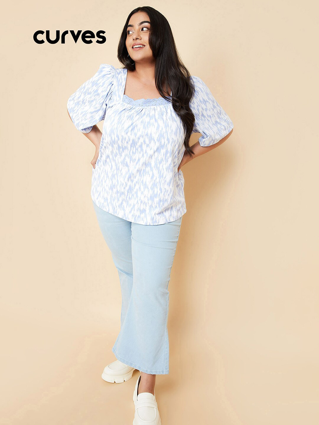 

max Plus Size Square Neck Flared Sleeve Cotton Top, Blue