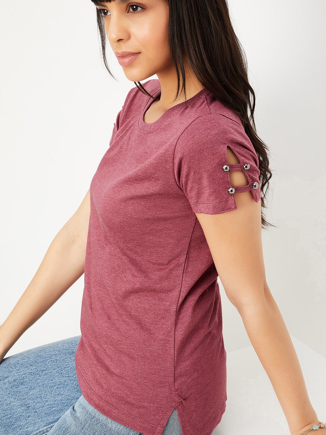 

max Women Round Neck Cotton Top, Purple