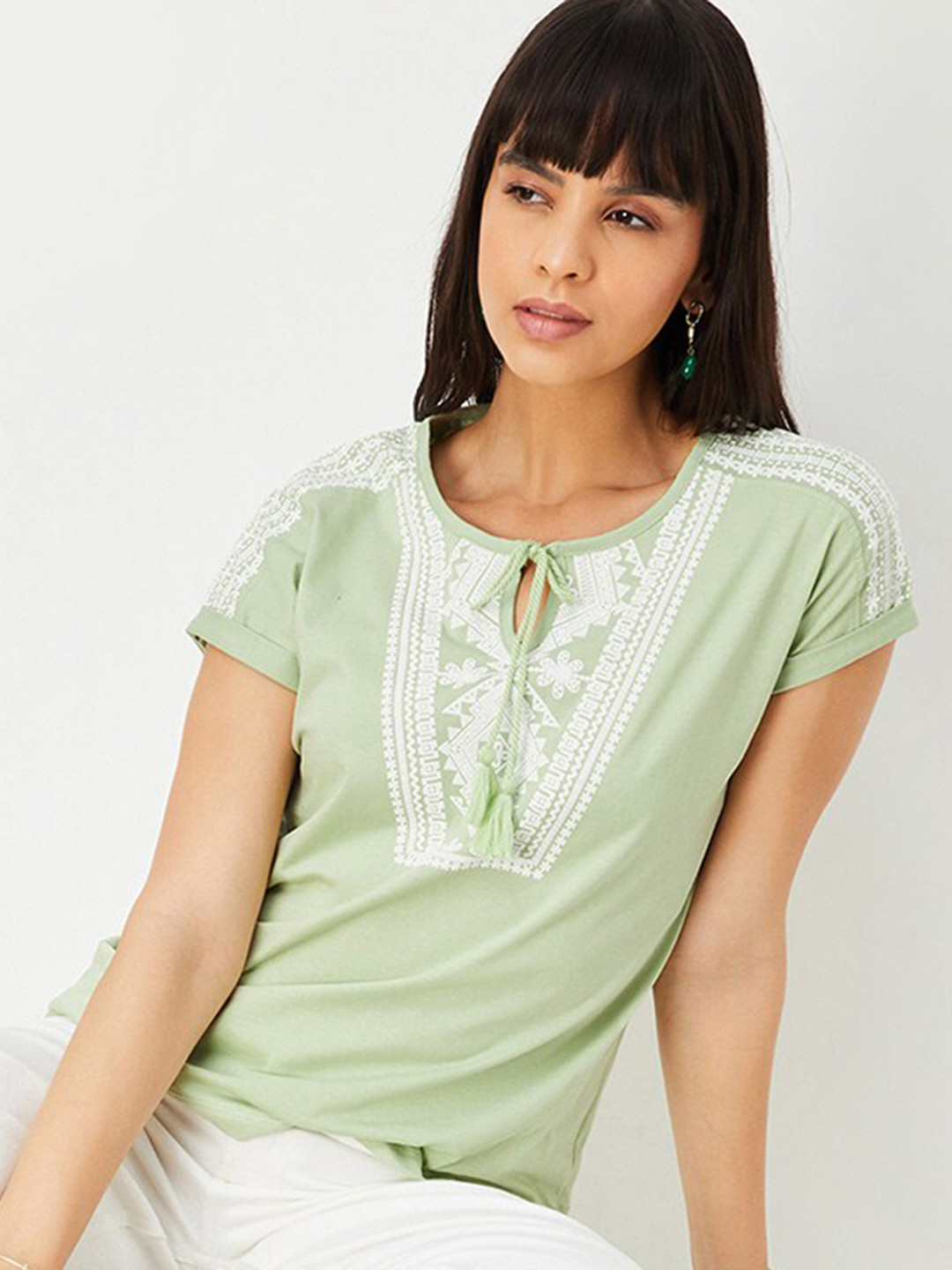 

max Embellished Tie-Up Neck Extended Sleeves Cotton Top, Green