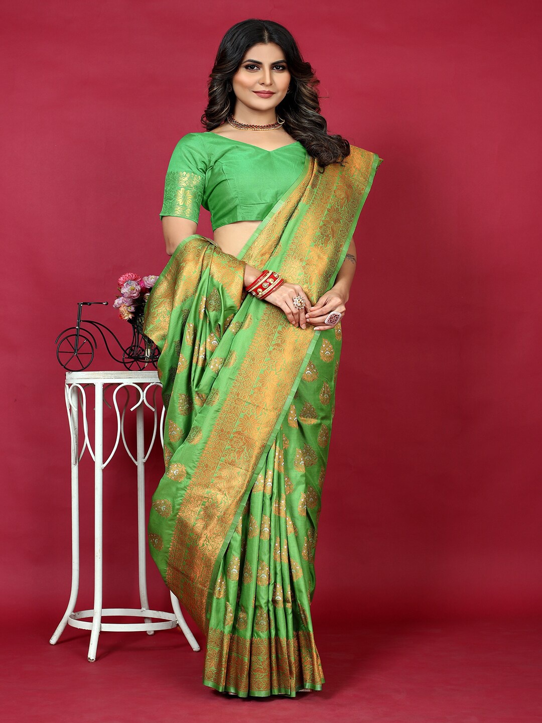 

SGF11 Floral Zari Art Silk Heavy Work Kanjeevaram Saree, Green