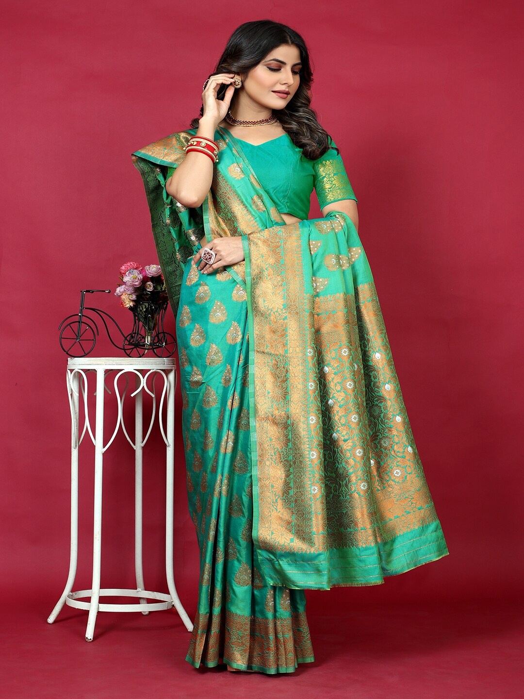 

SGF11 Woven Design Zari Art Silk Kanjeevaram Saree, Sea green