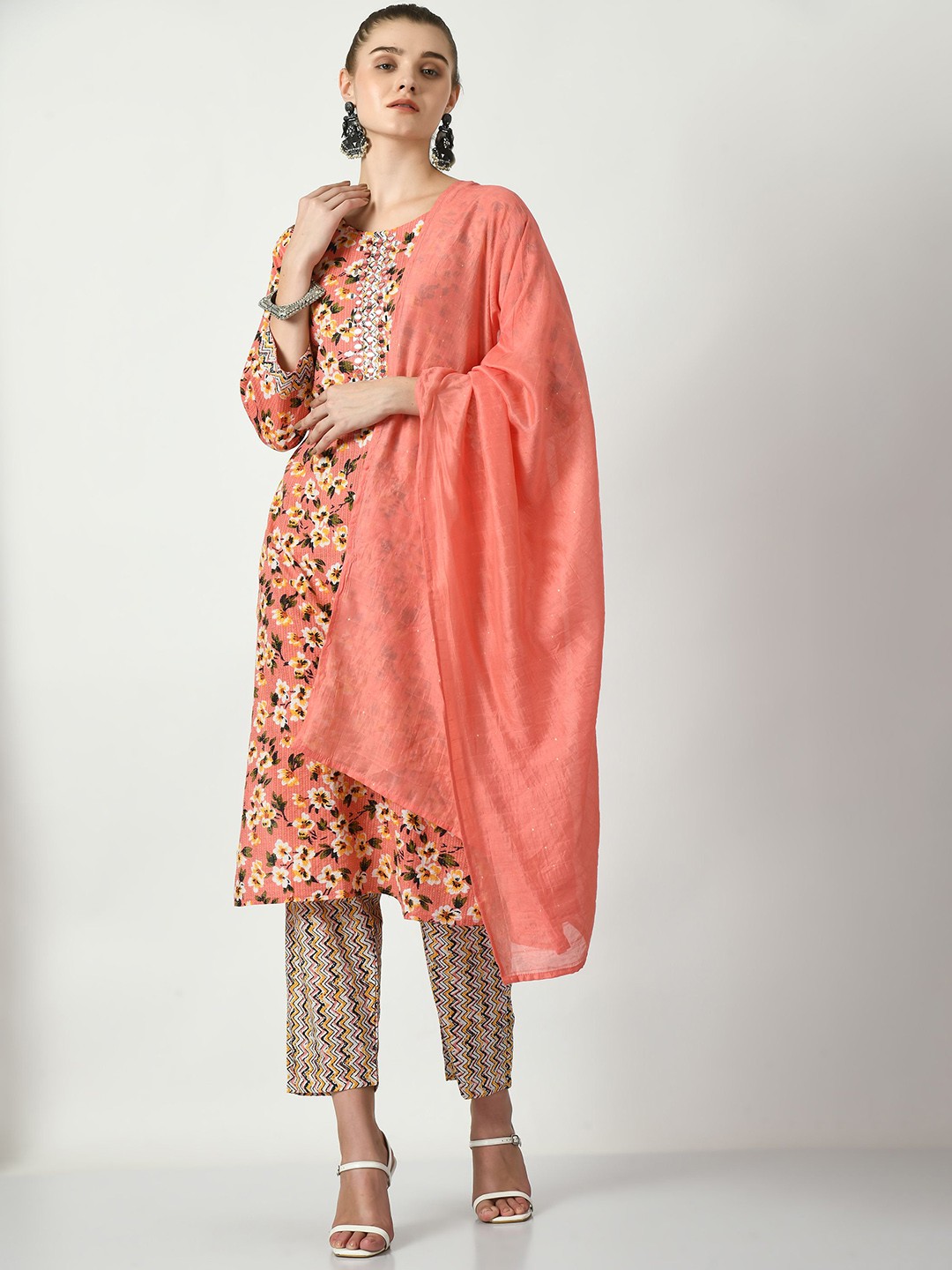 

AnjuShree Choice Floral Embroidered Mirror Work Pure Cotton Kurta With Pant & Dupatta, Peach