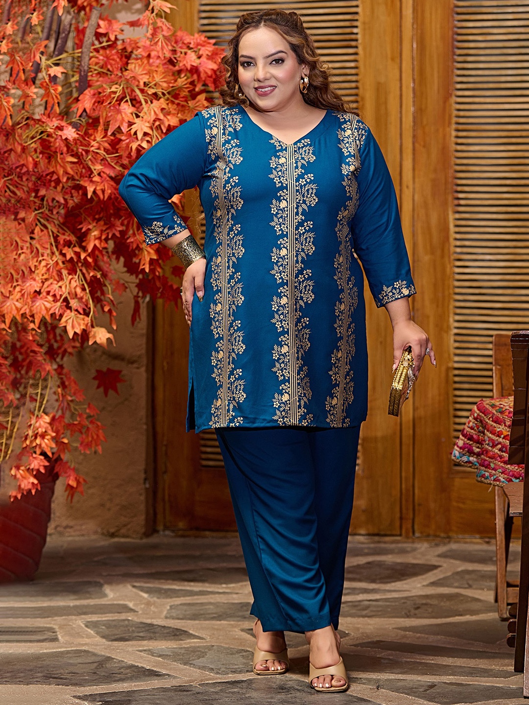 

PrettyPlus by Desinoor.com Printed Plus Size V-Neck With Palazzos Co-Ords, Teal