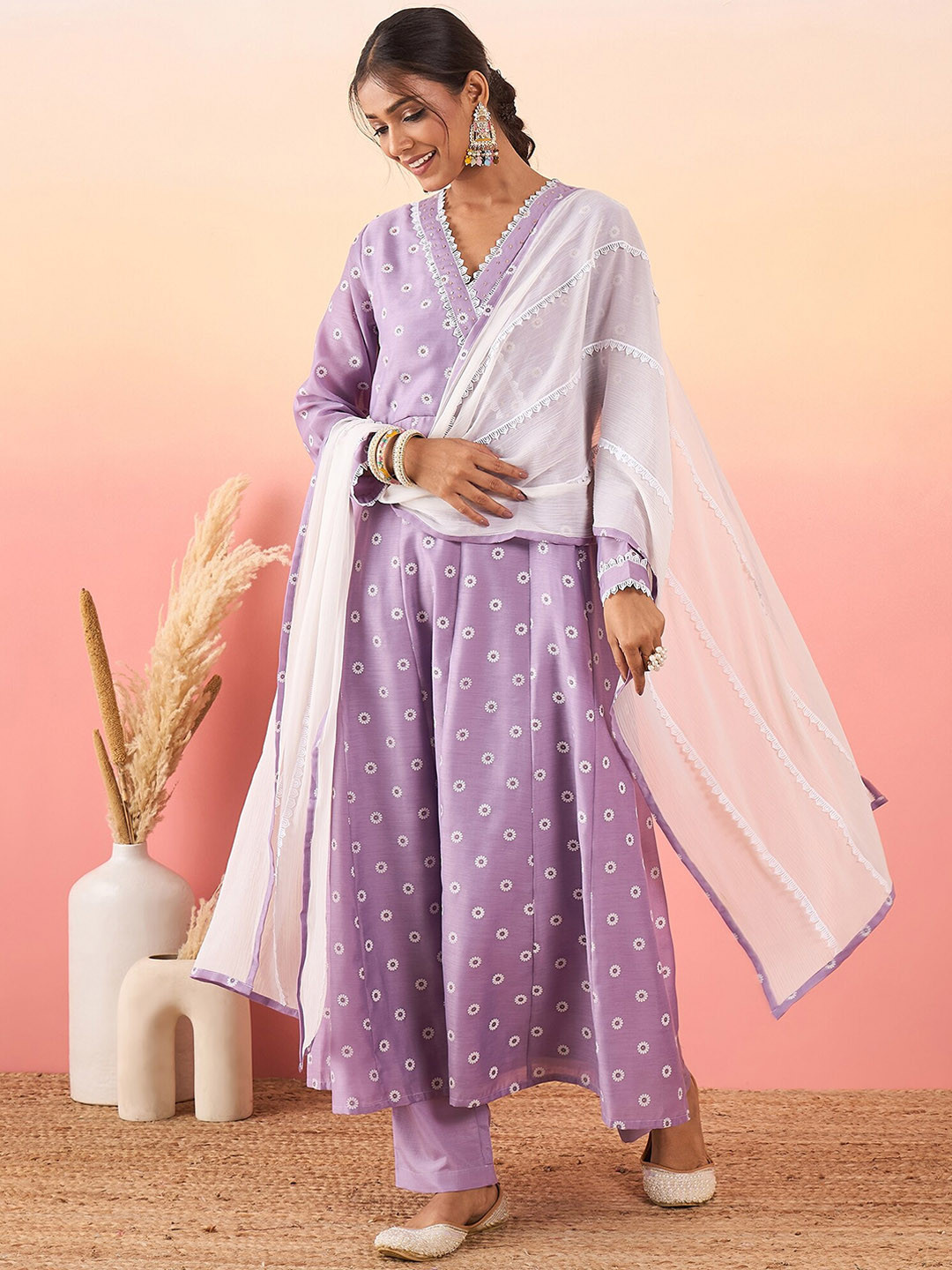 

Madhuni Floral Printed Angrakha Thread Work Chanderi Silk Kurta With Palazzos & Dupatta, Lavender