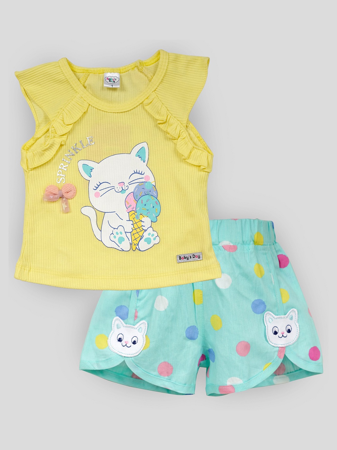 

Babys Day Girls Printed Pure Cotton Top With Short, Yellow