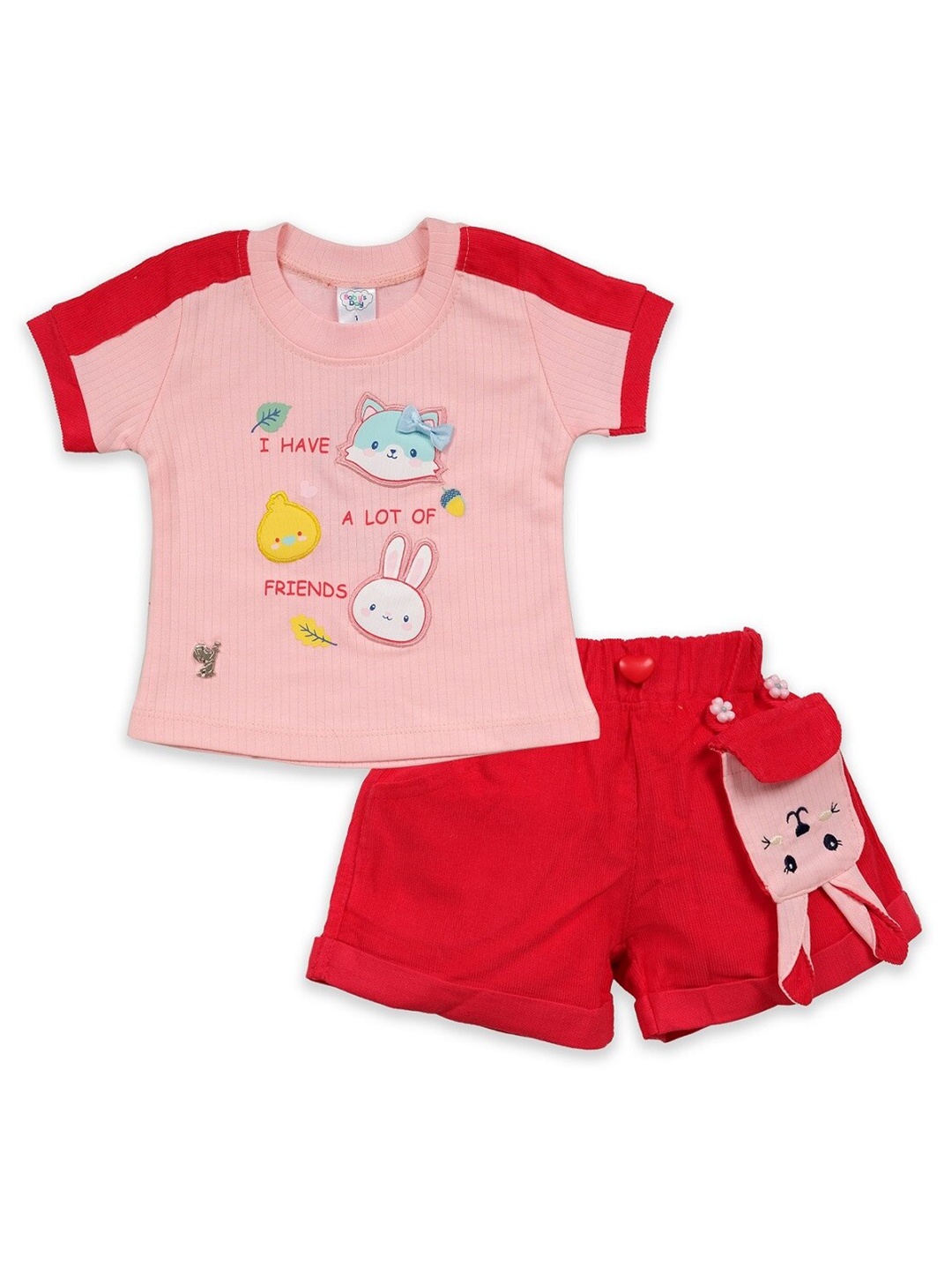 

Babys Day Girls Cotton Applique Work T-shirt With Short, Red