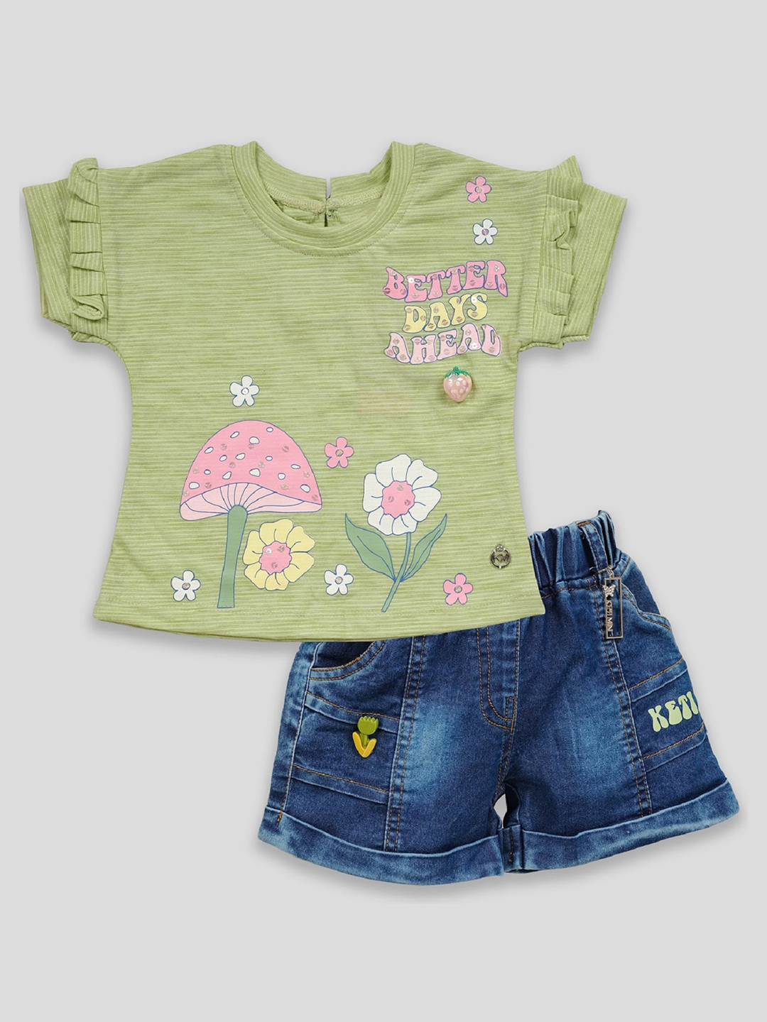 

Babys Day Girls Printed Pure Cotton Top With Short, Green