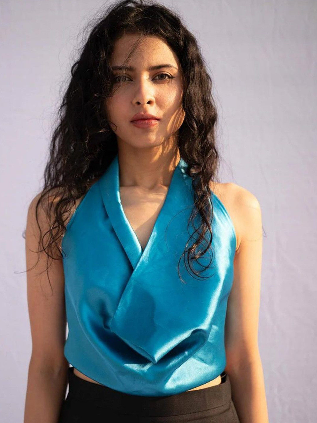 

HEY MISSY Satin Tie-Ups Wrap Top, Blue