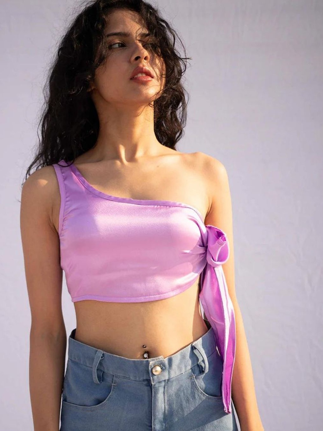 

HEY MISSY One Shoulder Tie-Ups Satin Bralette Crop Top, Purple