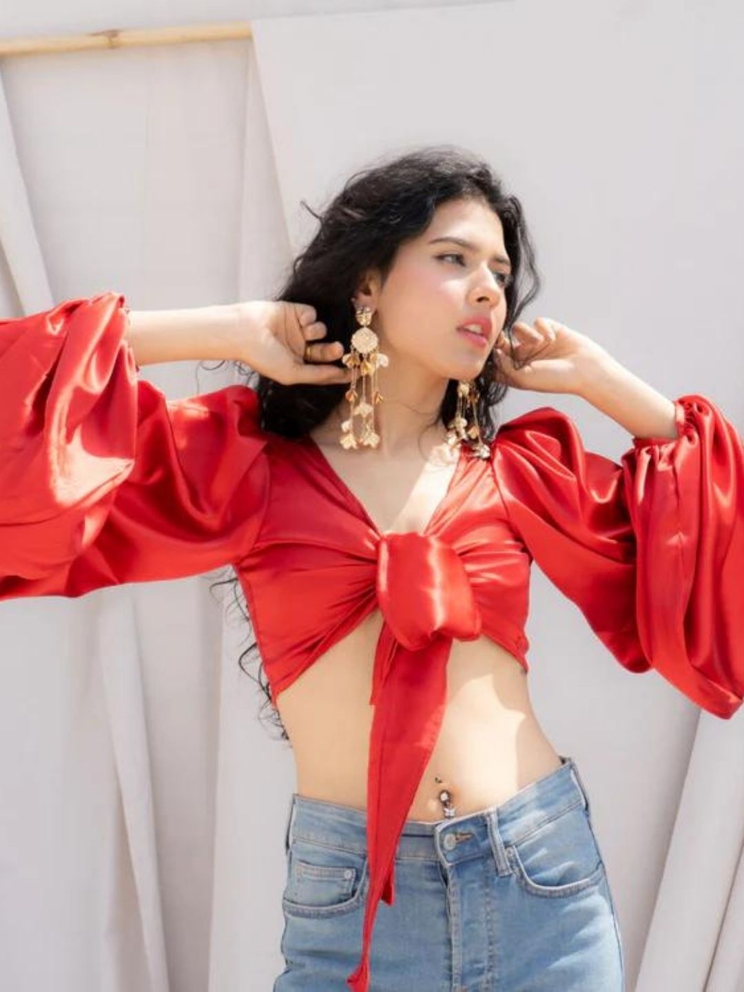 

HEY MISSY Bell Sleeve Satin Styled Back Crop Top, Red