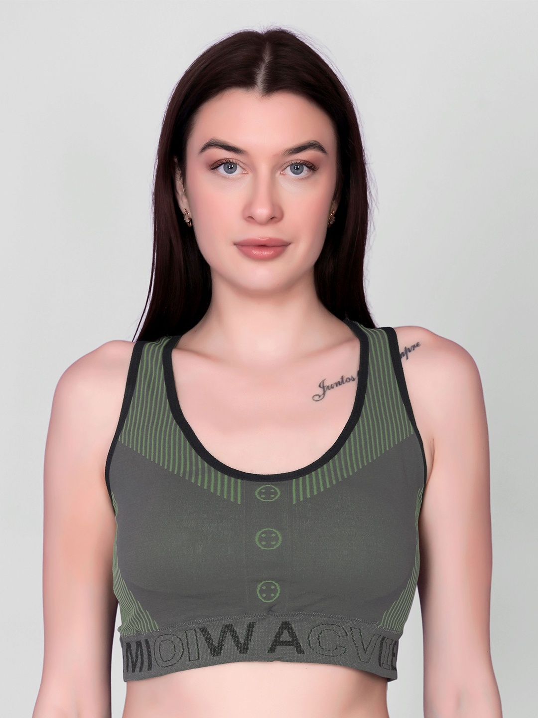 

Gopalvilla Striped Full Coverage Workout Bra with All Day Comfort, Olive