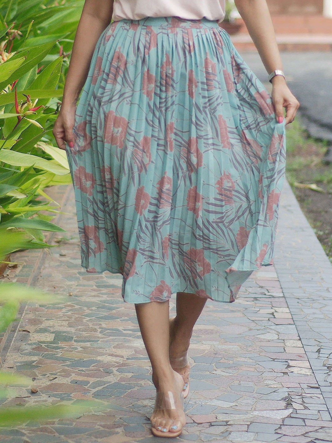 

SALT ATTIRE Printed Flared Knee-Length Skirt, Green