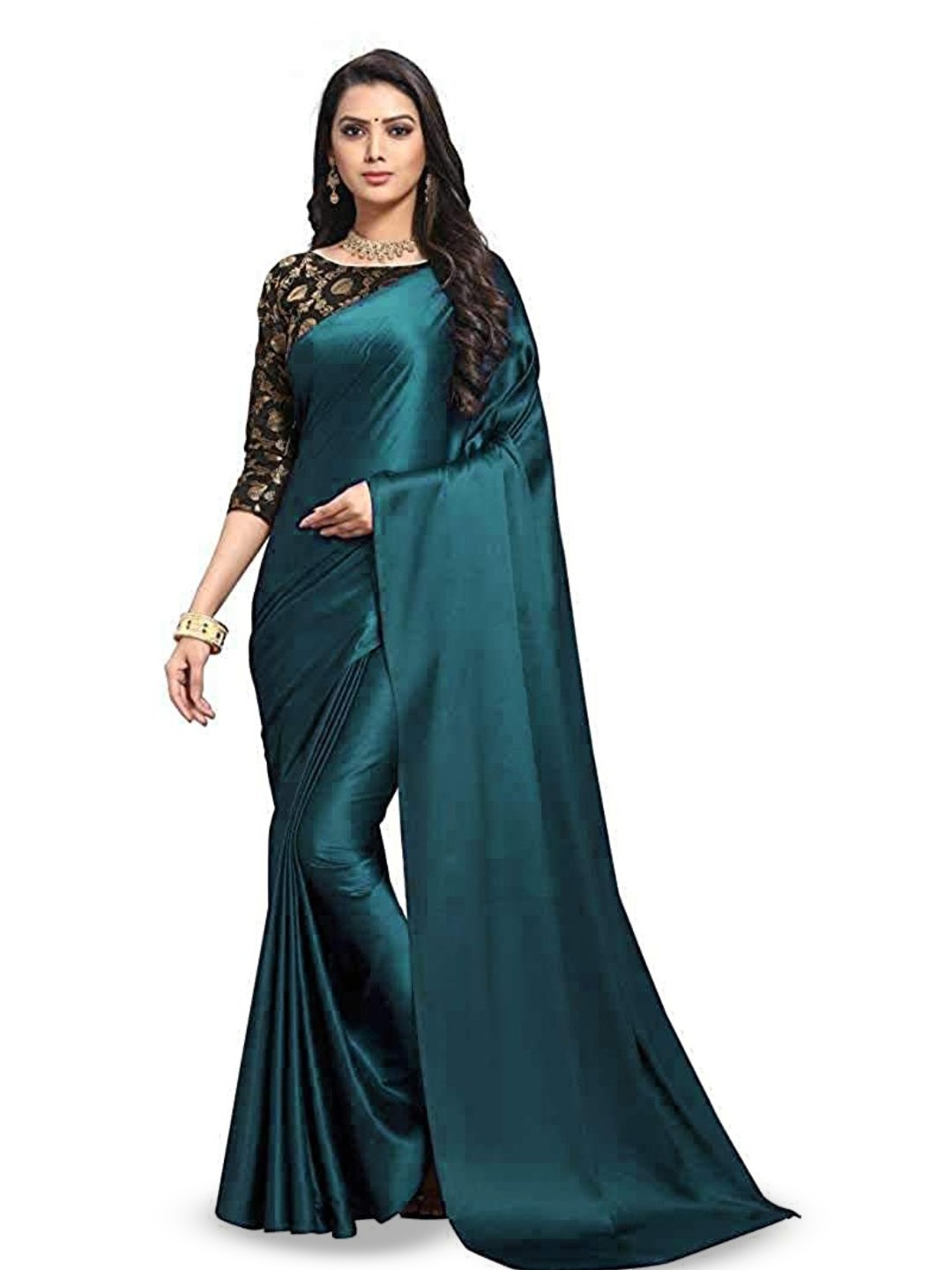 

Aruna Sarees Solid Satin Saree, Teal