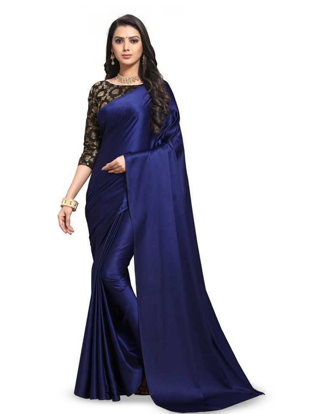 

Aruna Sarees Satin Saree, Navy blue