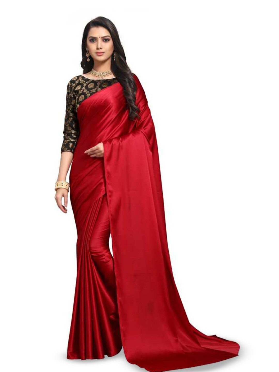 

Aruna Sarees Satin Saree, Red