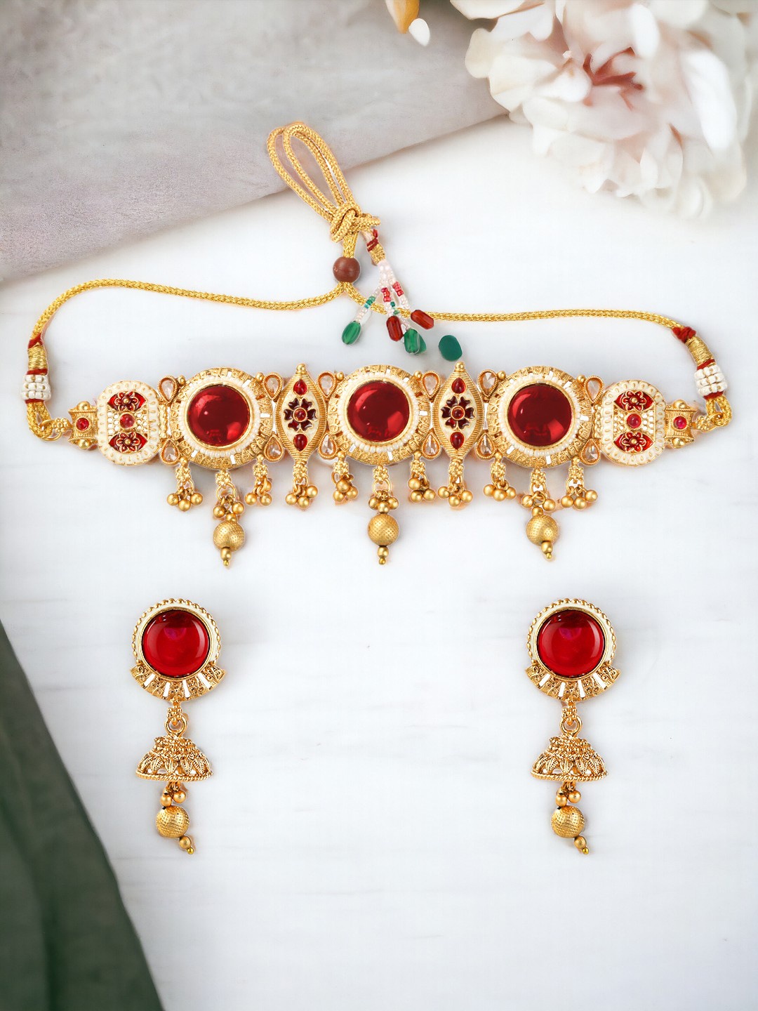 

FEMMIBELLA Gold-Plated Stones Studded & Beaded Choker Necklace And Earrings