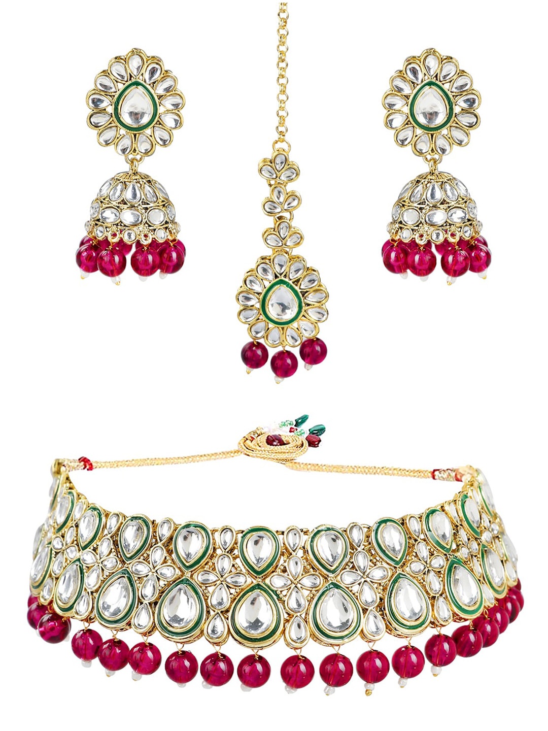 

FEMMIBELLA Gold-Plated Kundan Stones Studded & Beaded Necklace & Earrings With Maang Tika