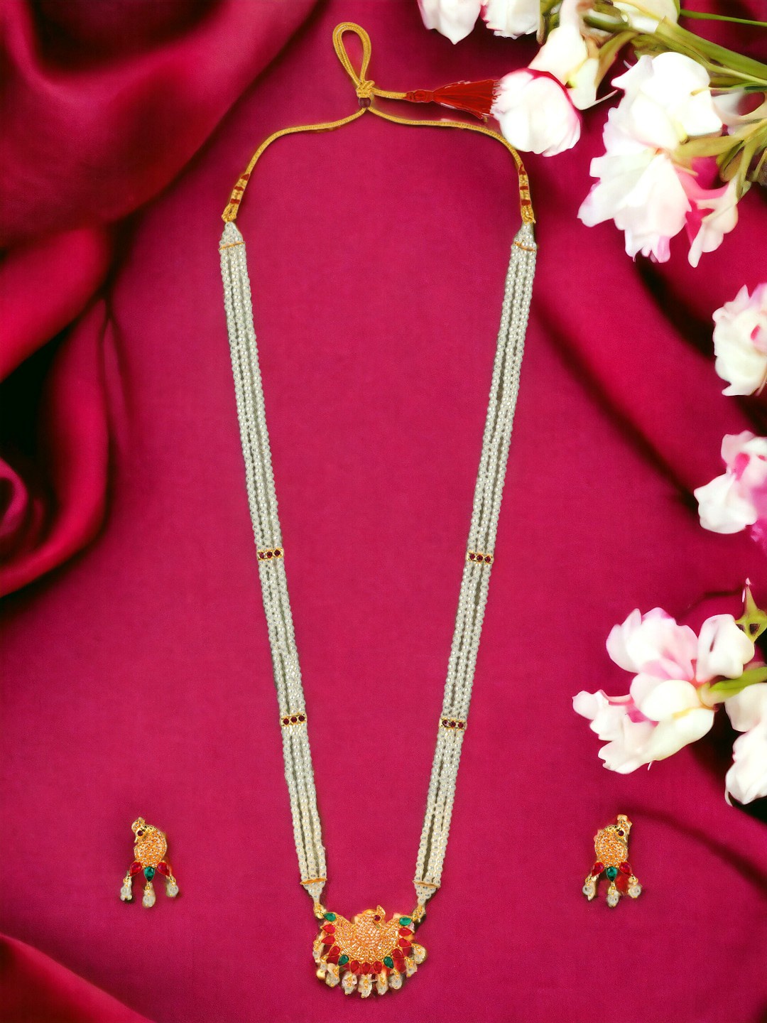 

FEMMIBELLA Gold-Plated Stones Studded & Beaded Layered Necklace And Earrings