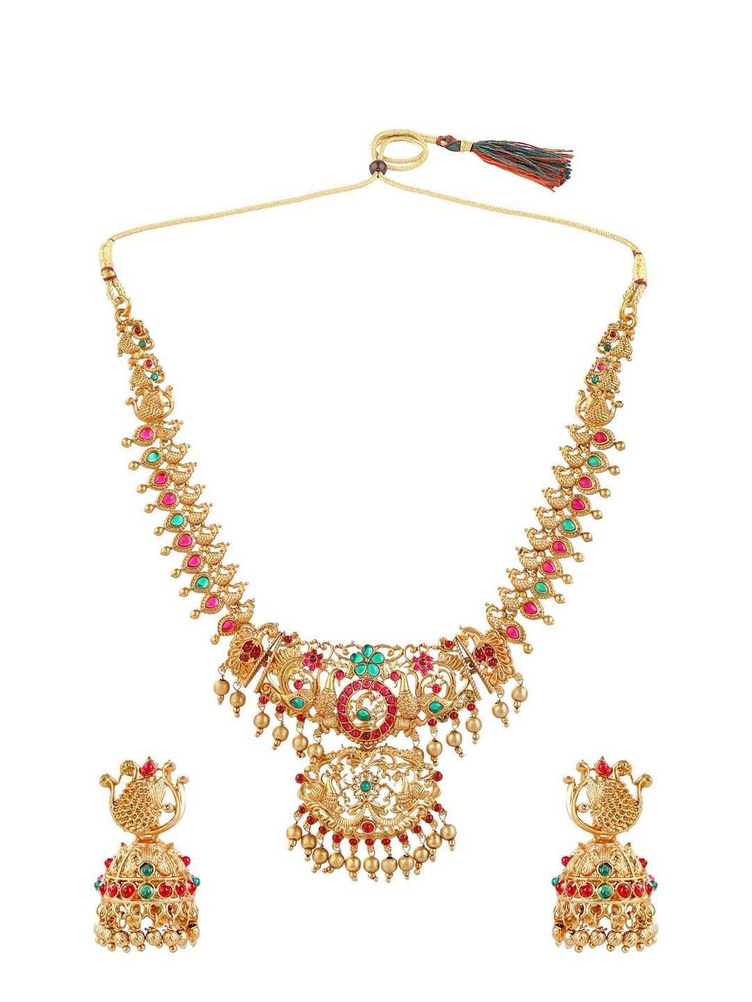 

FEMMIBELLA Gold-Plated Kundan Stones Studded & Pearls Beaded Peacock Jewellery Set