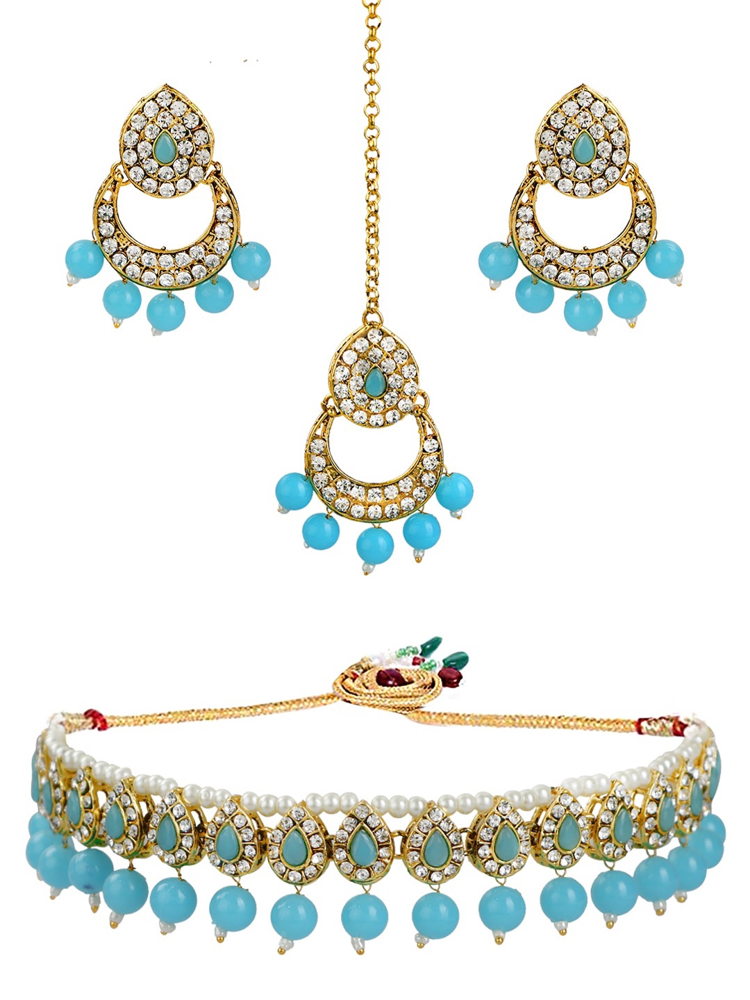 

FEMMIBELLA Gold-Plated Stones Studded & Beaded Necklace And Earrings With Maang Tika, Blue