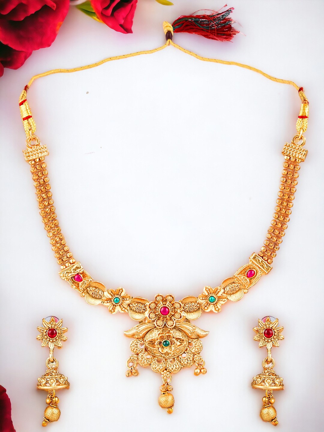 

FEMMIBELLA Gold-Plated Stones Studded & Beaded Necklace And Earrings