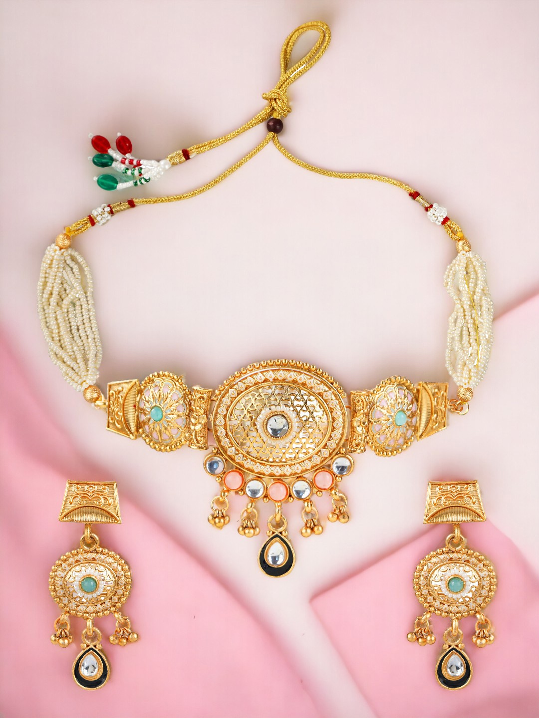 

FEMMIBELLA Gold-Plated Stones Studded & Beaded Choker Necklace And Earrings