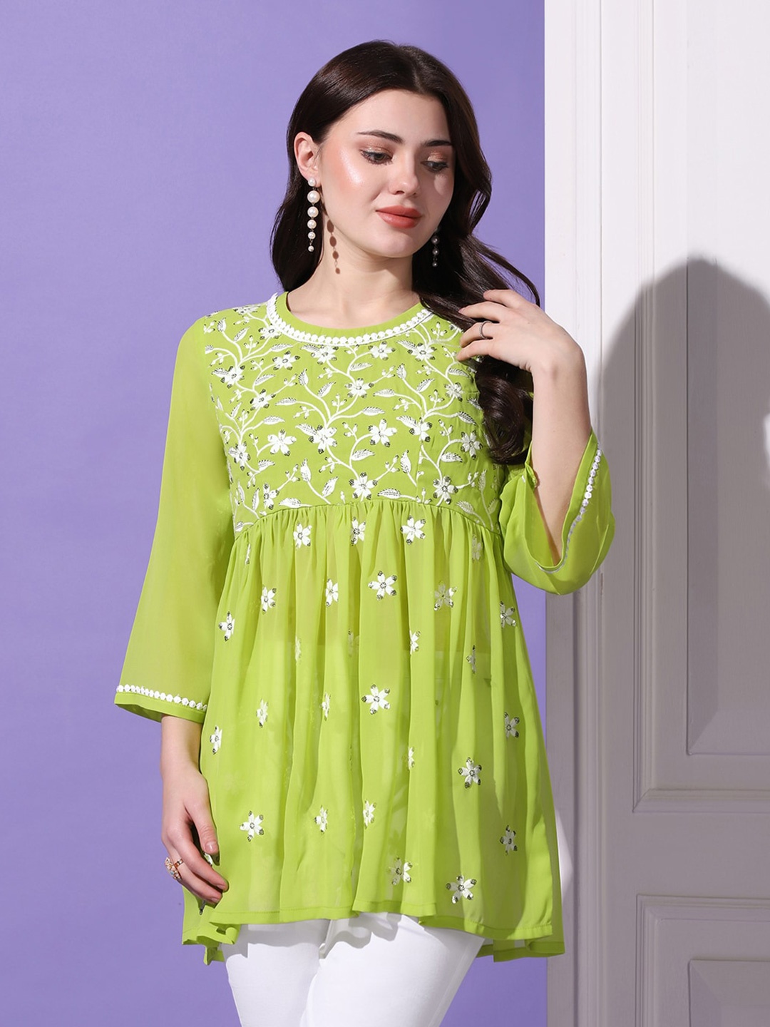 FASHION DREAM Floral Embellished Peplum Georgette Top, Green