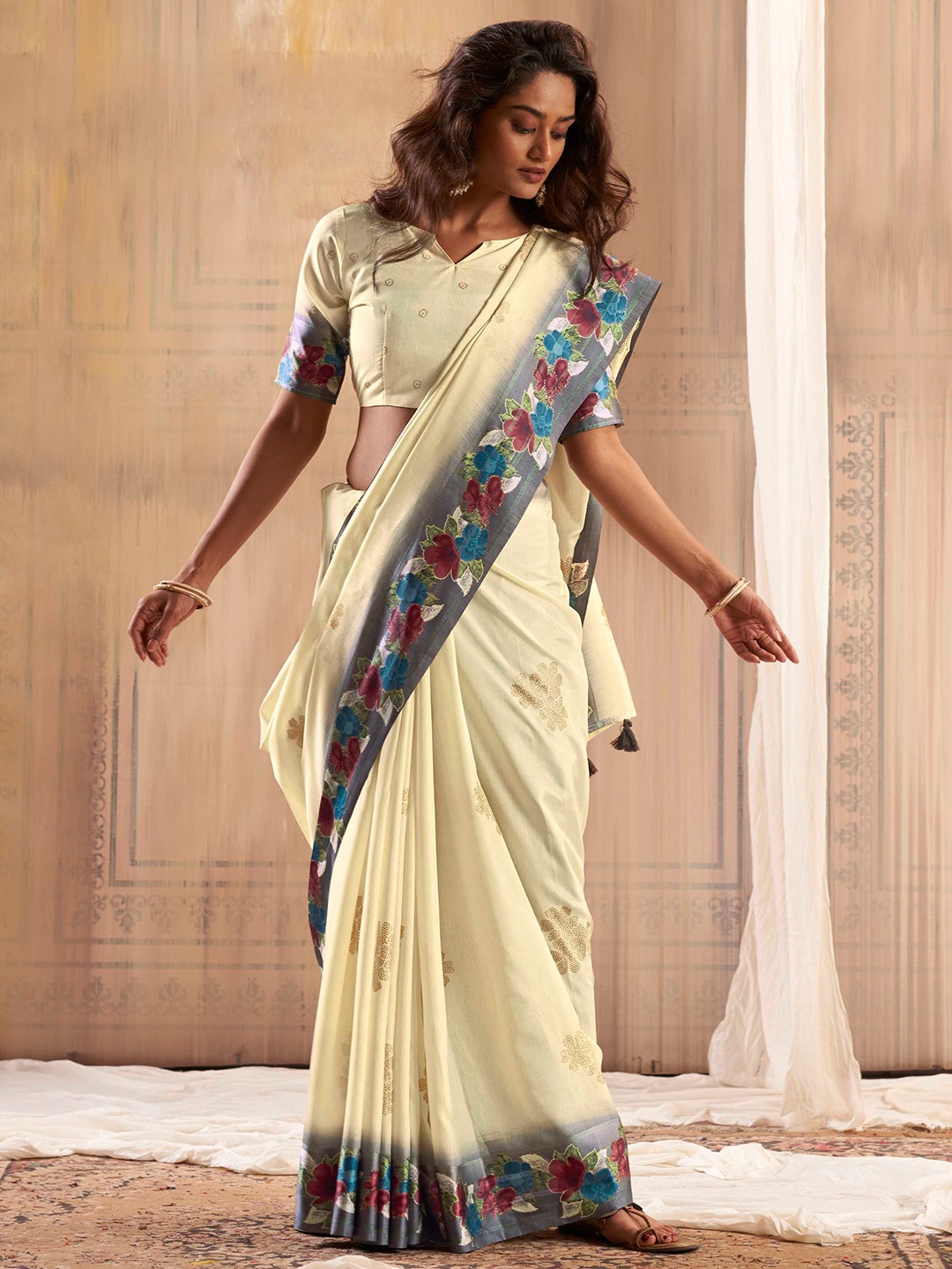 

Mitera Embellished Silk Blend Saree, White