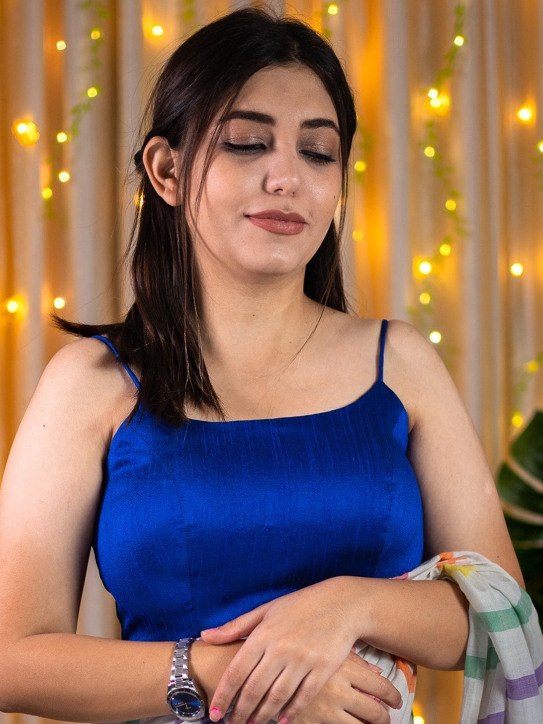

I LOVE SAREES Padded Silk Spaghetti Saree Blouse, Blue