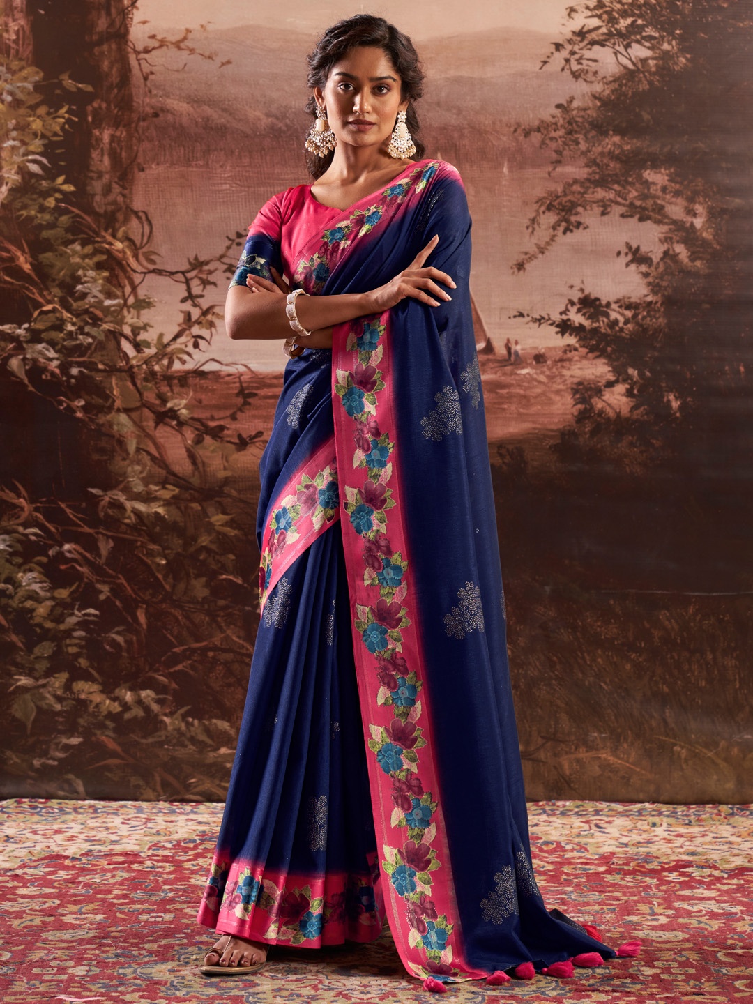 

Mitera Embellished Silk Blend Saree, Navy blue