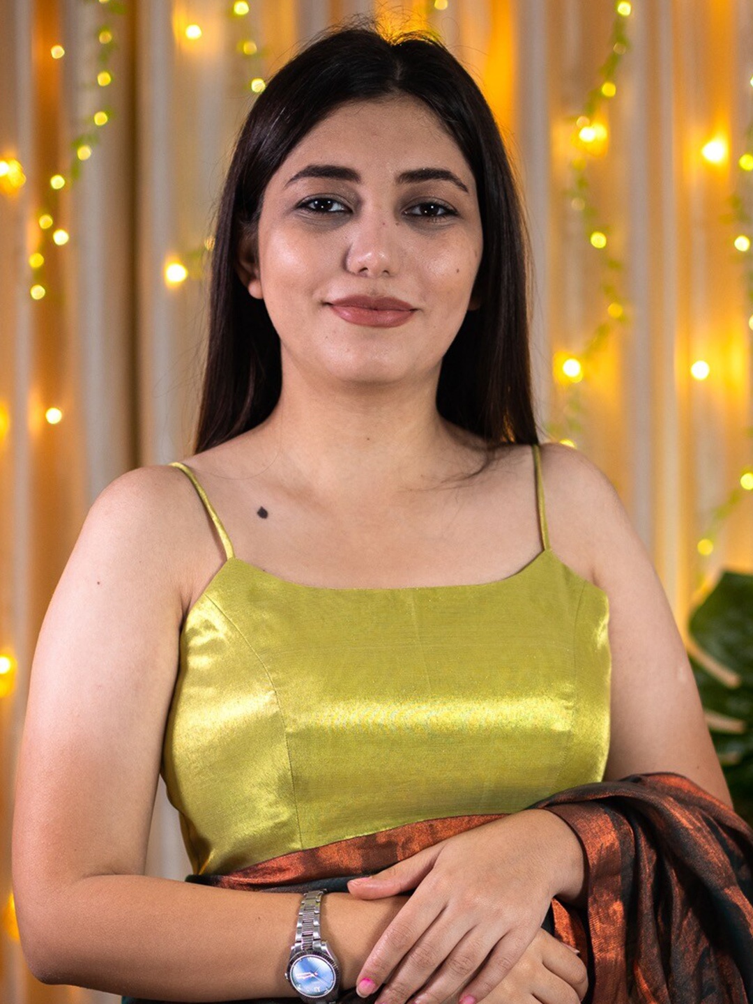 

I LOVE SAREES Shoulder Strap Sleeveless Saree Blouse, Gold