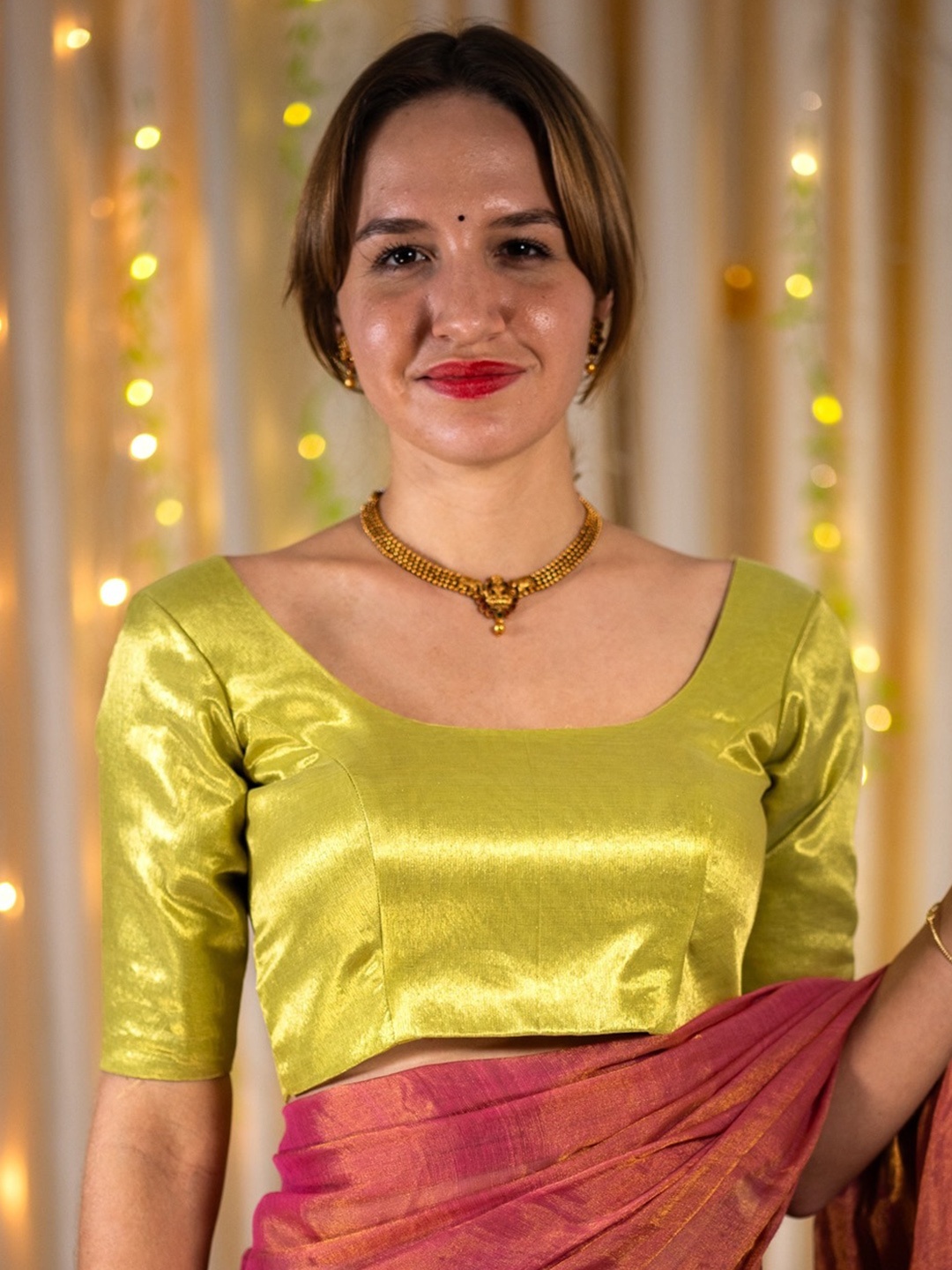 

I LOVE SAREES Short Sleeves Silk Tissue Saree Blouse, Green