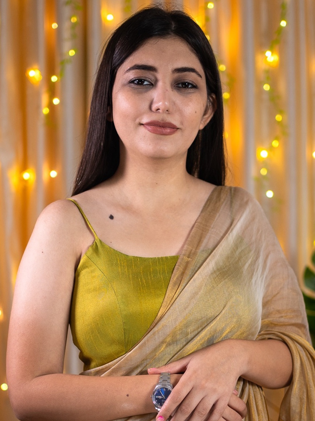 

I LOVE SAREES Padded Spaghetti Dupion Cotton Silk Saree Blouse, Olive
