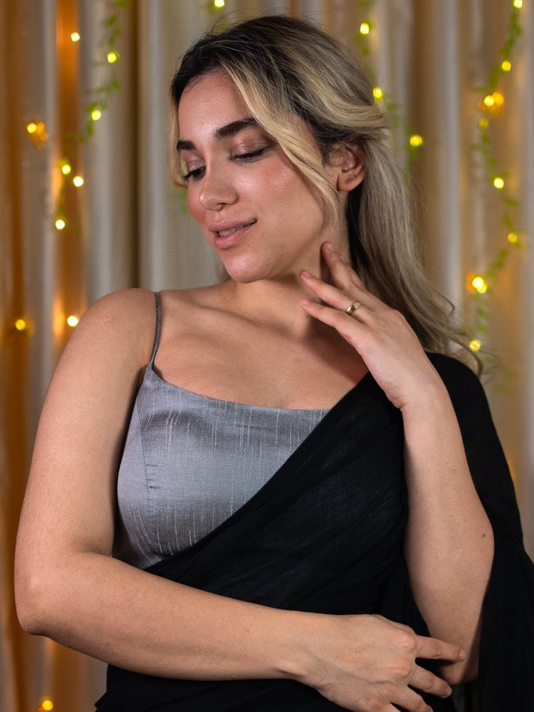 

I LOVE SAREES Shoulder Strap Silk Padded Spaghetti Saree Blouse, Grey