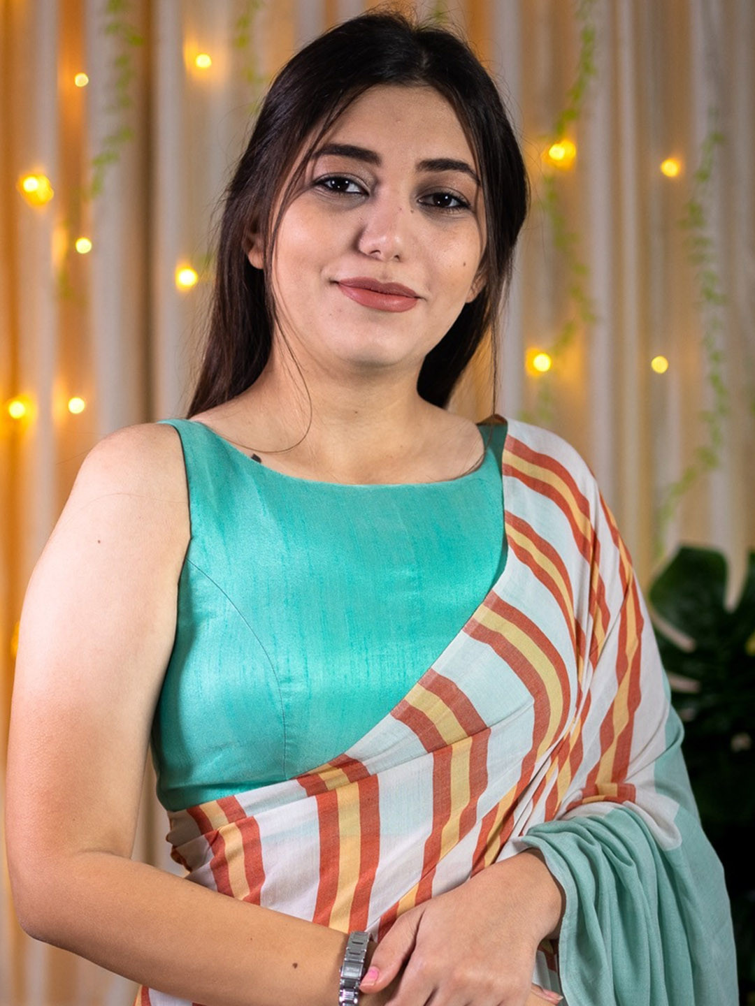

I LOVE SAREES Boat Neck Sleeveless Padded Saree Blouse, Turquoise blue