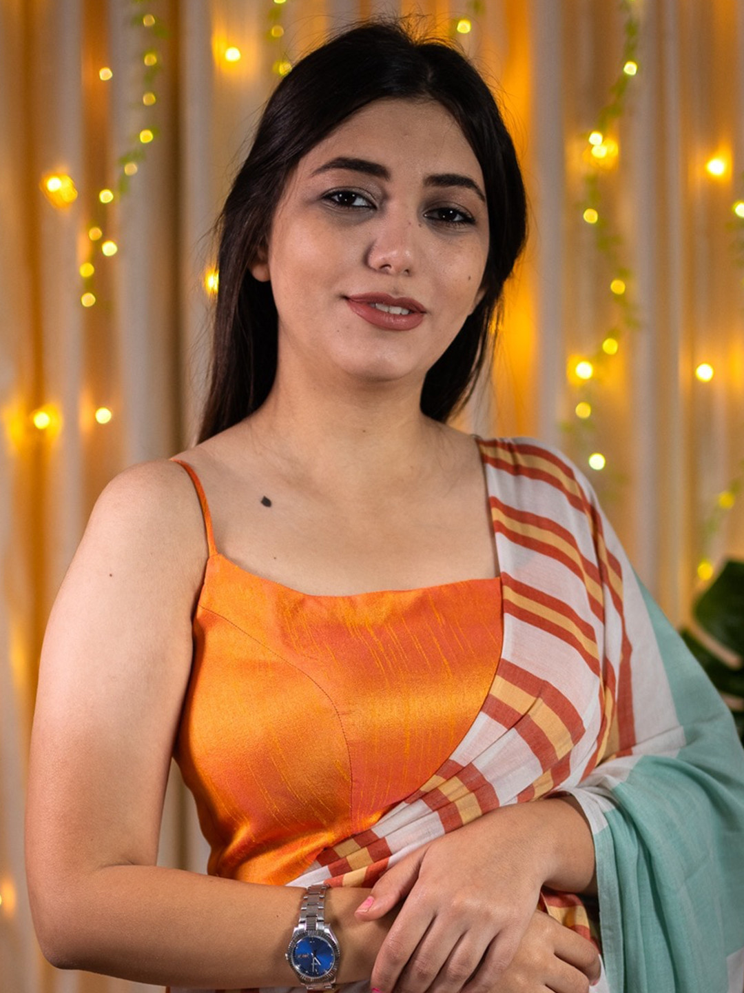 

I LOVE SAREES Shoulder Strap Silk Padded Spaghetti Saree Blouse, Orange