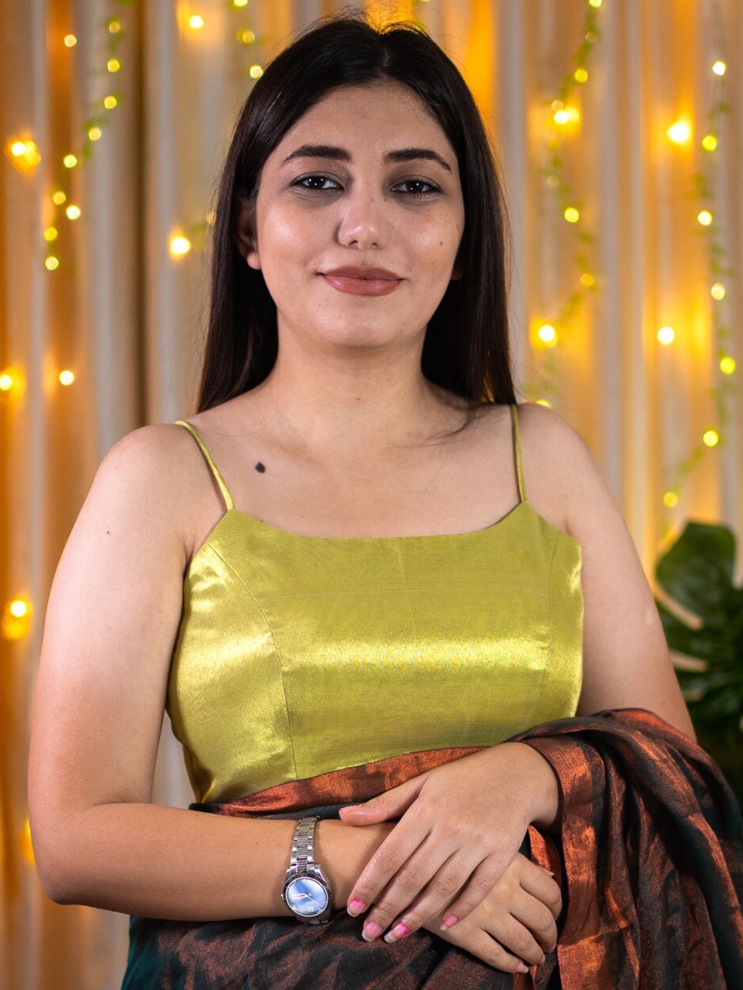 

I LOVE SAREES Shoulder Strap Sleeveless Dopion Silk Saree Blouse, Gold