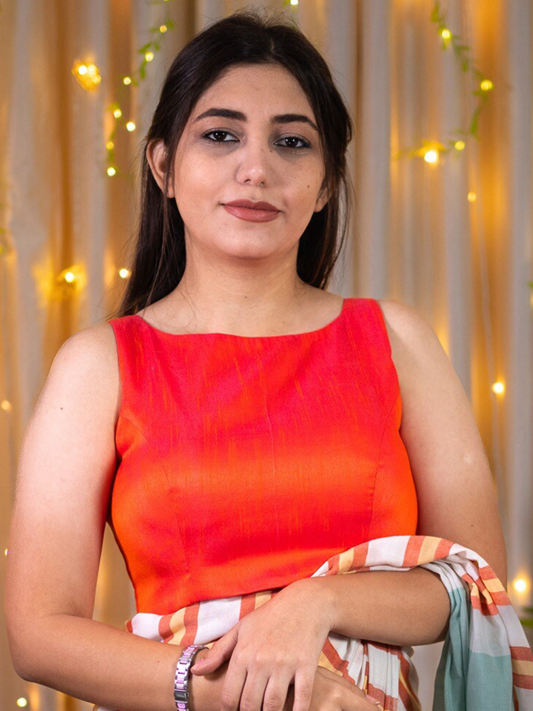 

I LOVE SAREES Boat Neck Sleeveless Saree Blouse, Coral