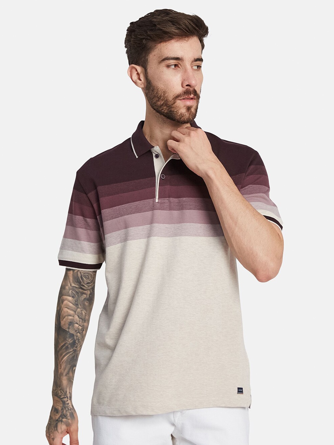 

Octave Colourblocked Polo Collar Cotton T-shirt, Maroon