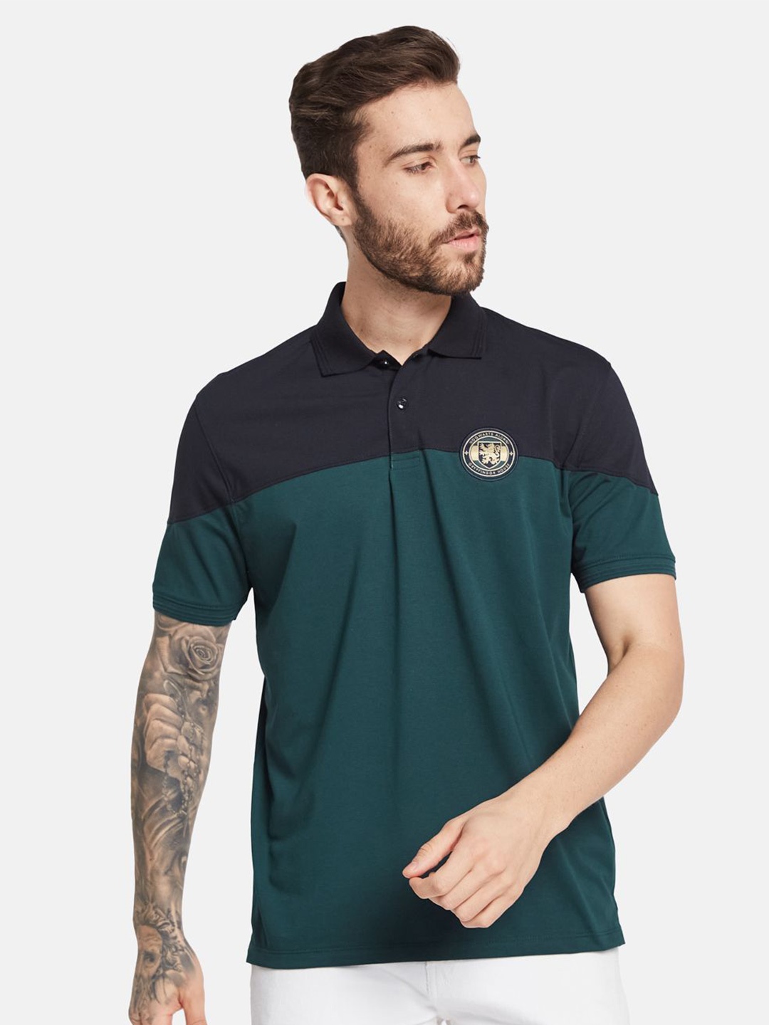 

Octave Colourblocked Polo Collar Cotton T-shirt, Green