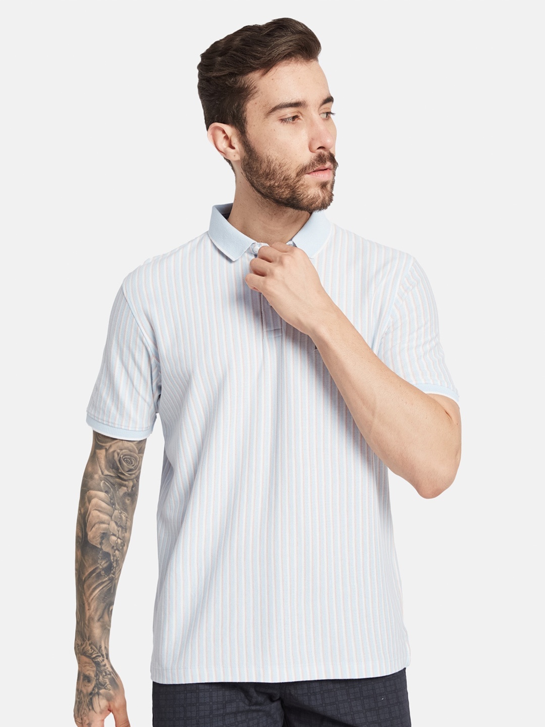 

Octave Striped Polo Collar Cotton T-shirt, Blue