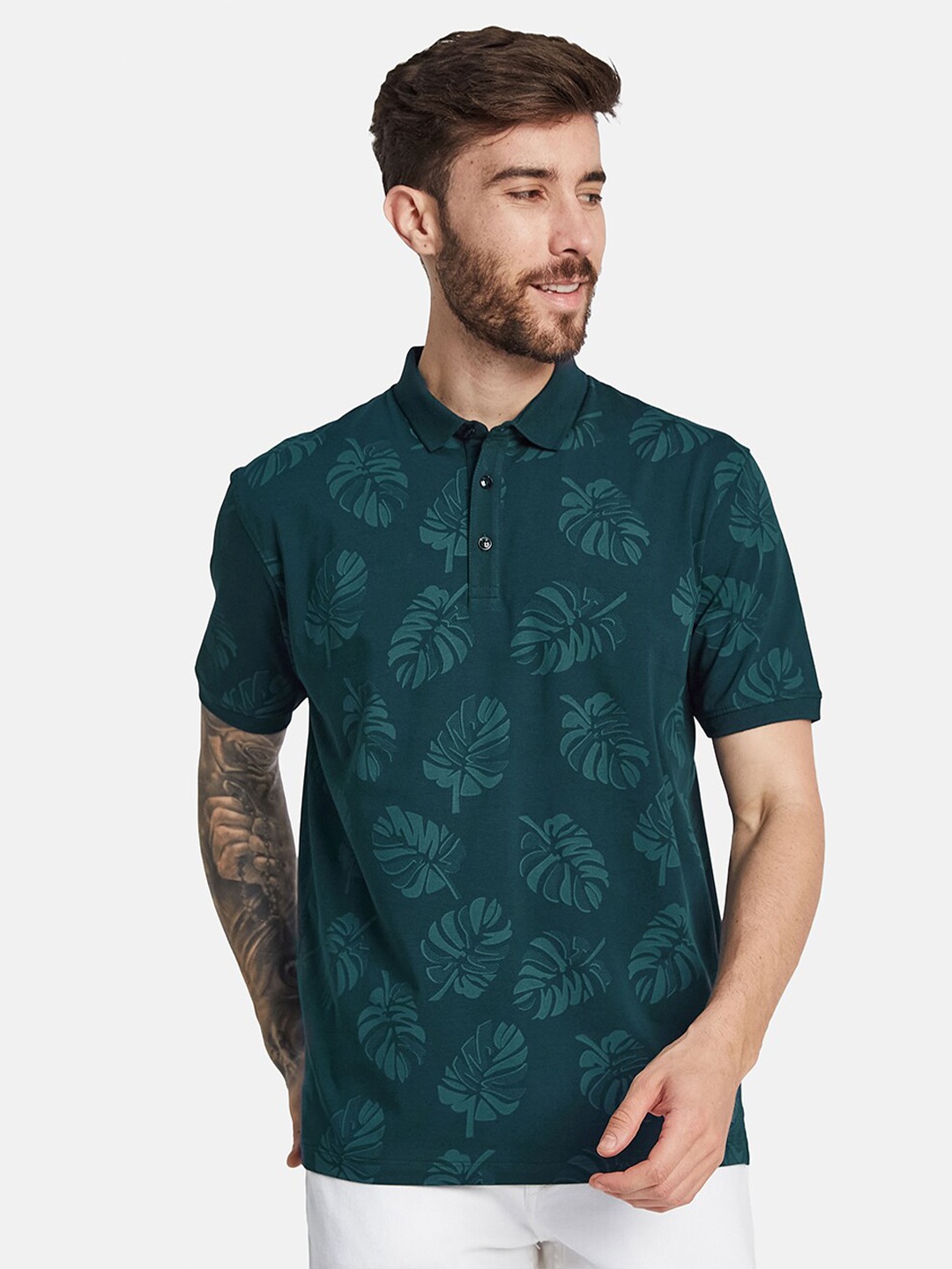 

Octave Tropical Printed Polo Collar Cotton T-shirt, Green