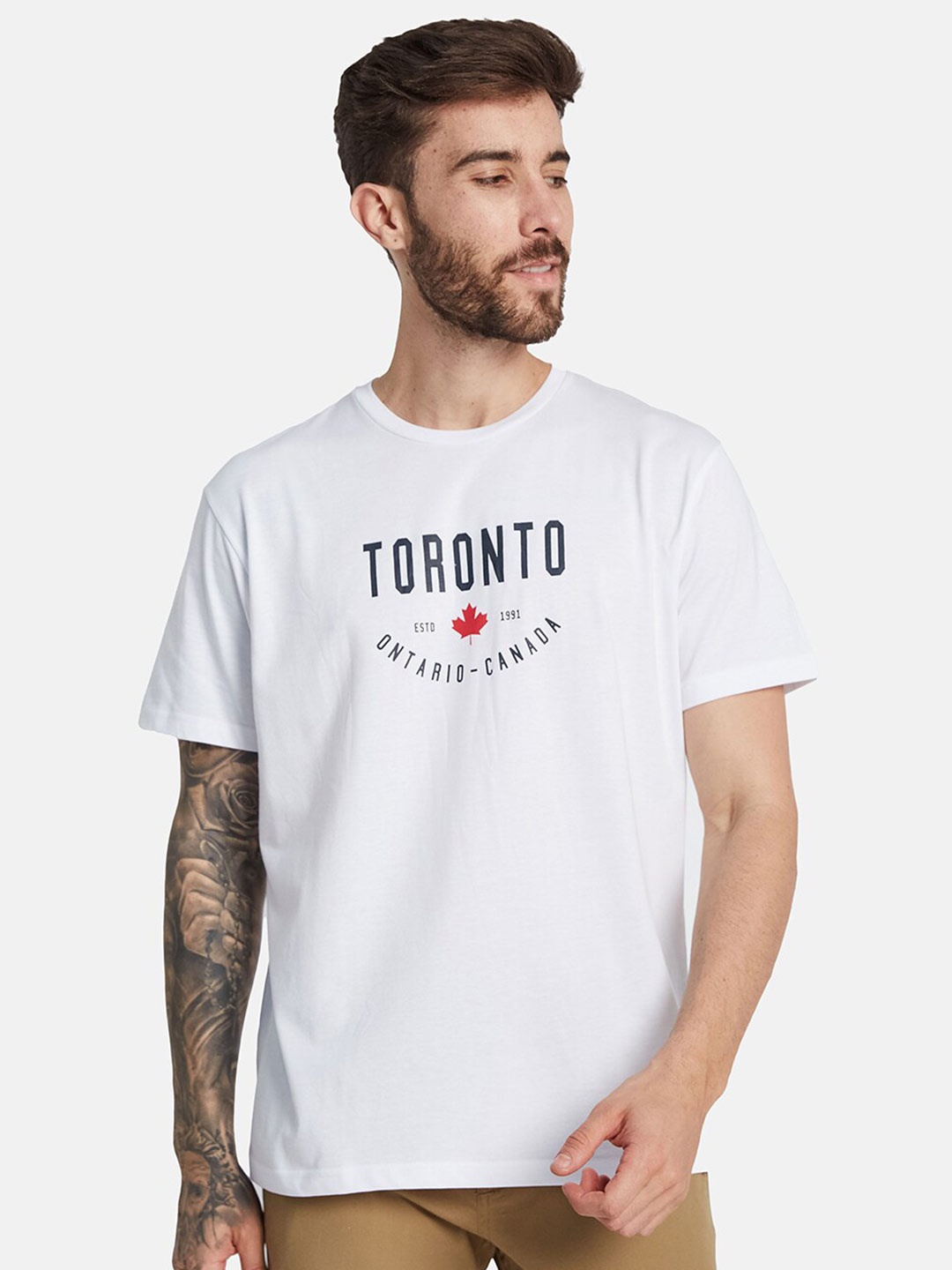 Octave Round Neck Typography Printed Cotton T-shirt, White