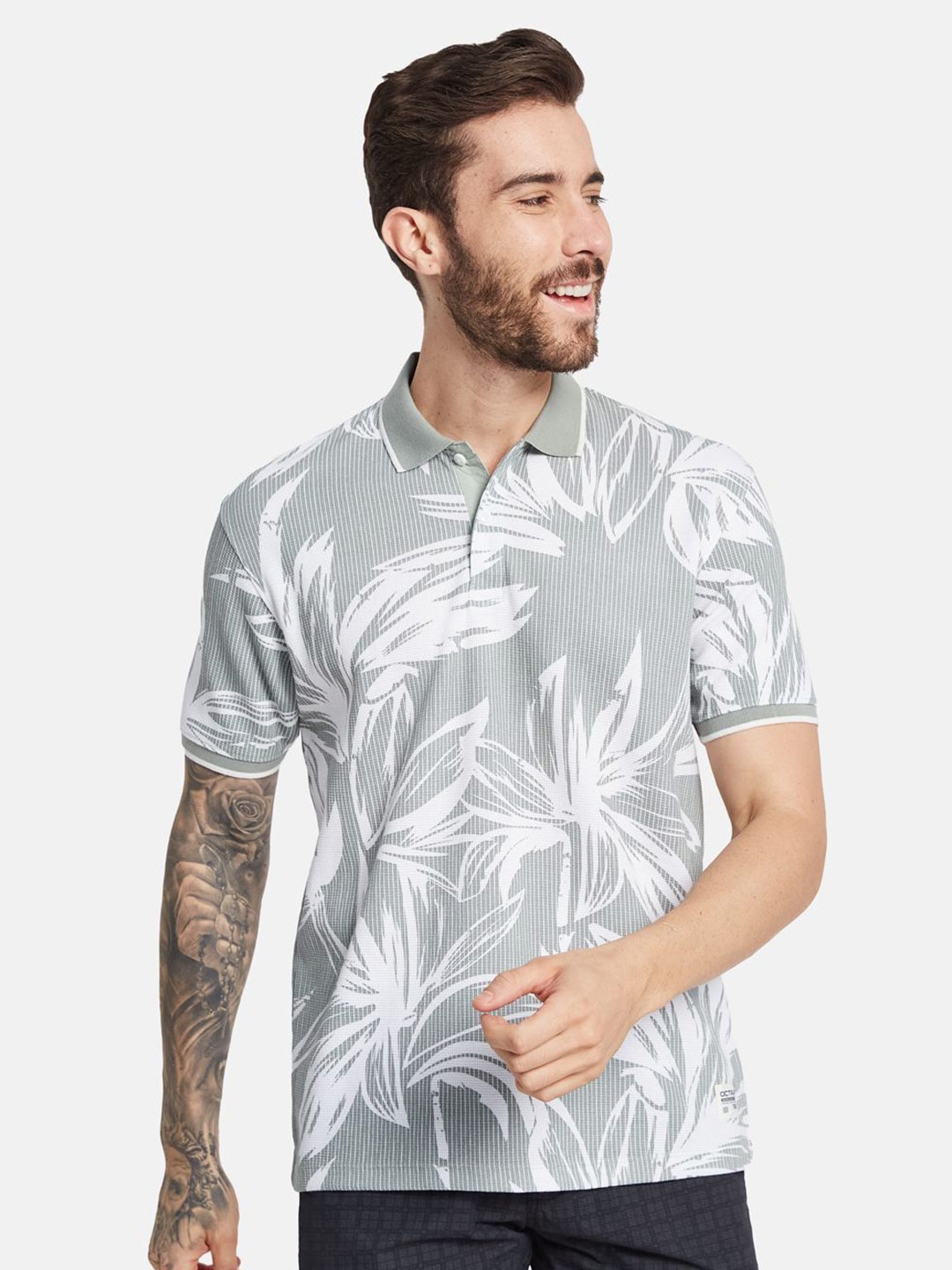 

Octave Floral Printed Polo Collar Cotton T-shirt, Grey