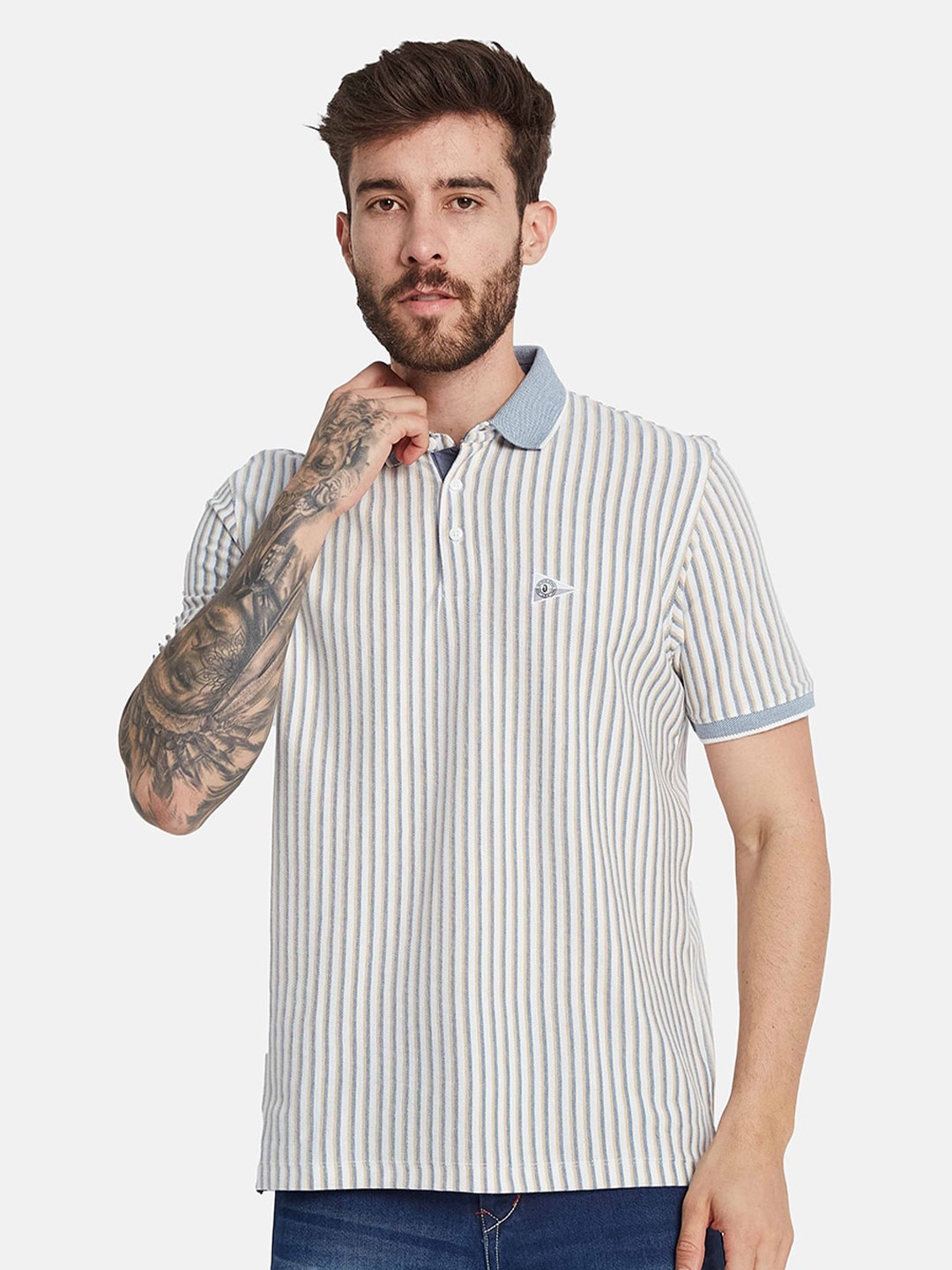 

Octave Striped Polo Collar Cotton T-shirt, Cream