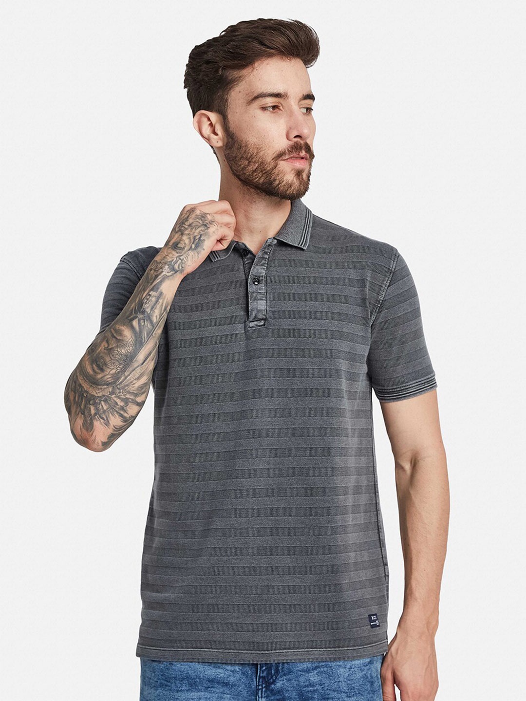 

Octave Striped Polo Collar Cotton T-shirt, Black